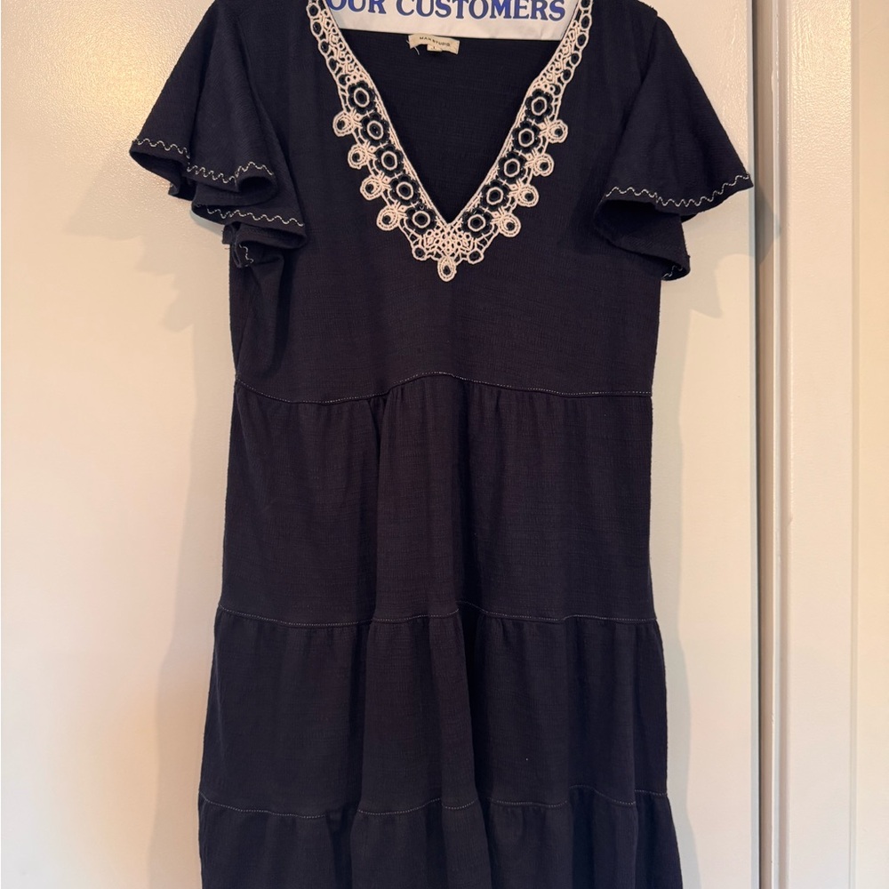 Navy Blue Dress with White Embroidery
